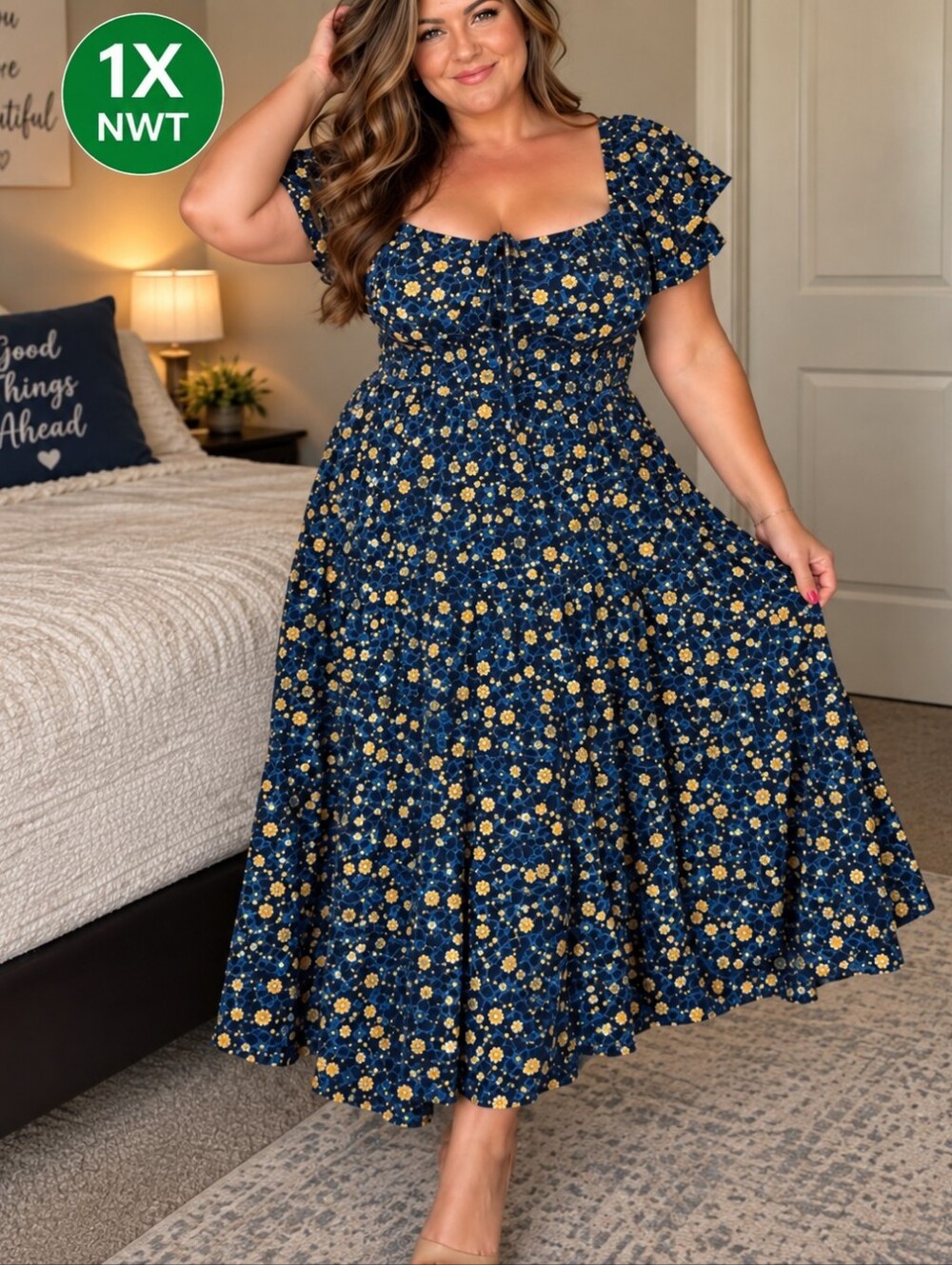 Rusttydustty Modern Bohemia Crush Maxi Dress Plus Size 1X Navy Floral NWT